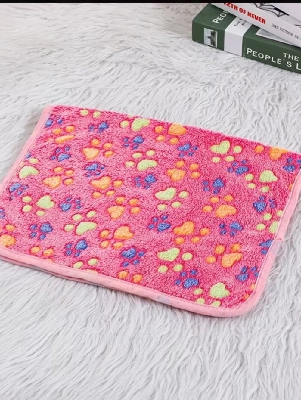 Plush Pet Blanket Pink with Multicolor Paw Prints, Size M